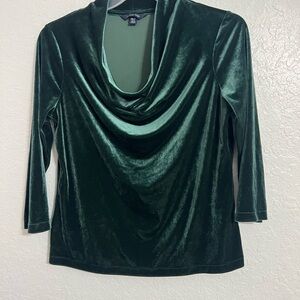 Lands End Women Velvet Top 3/4 Sleeve Holiday Blouse Green Festive Soft SZ M 389